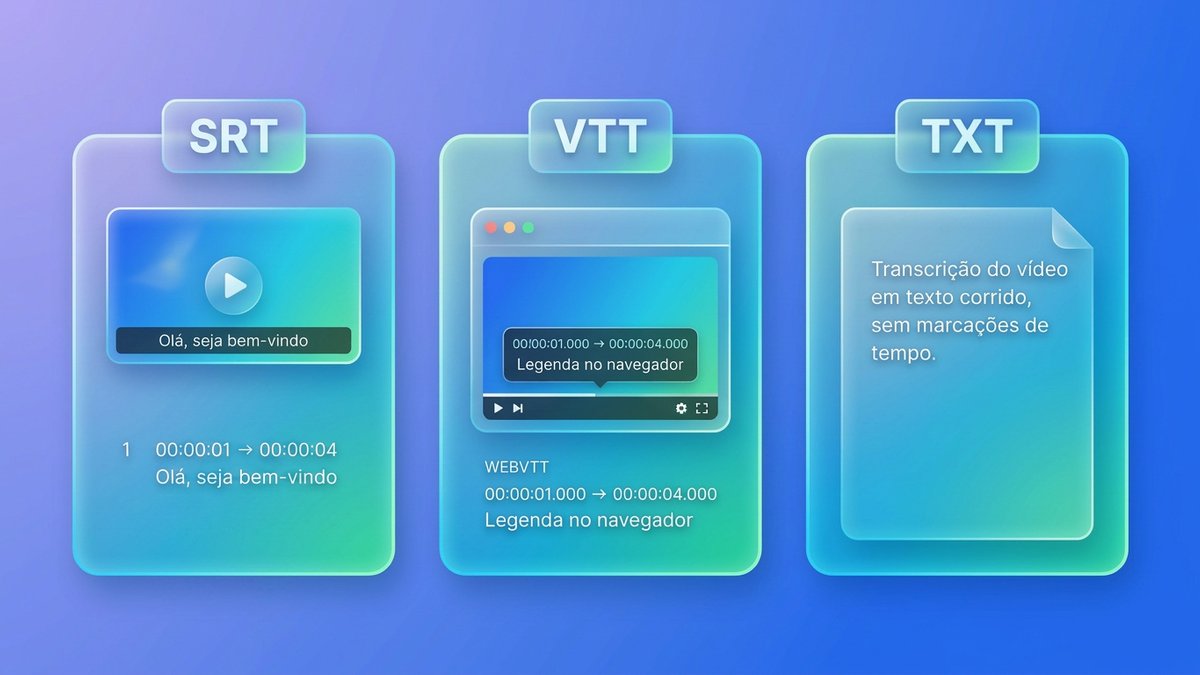 Comparação entre os três formatos de legenda: SRT para redes sociais e YouTube, VTT para web e TXT como texto puro