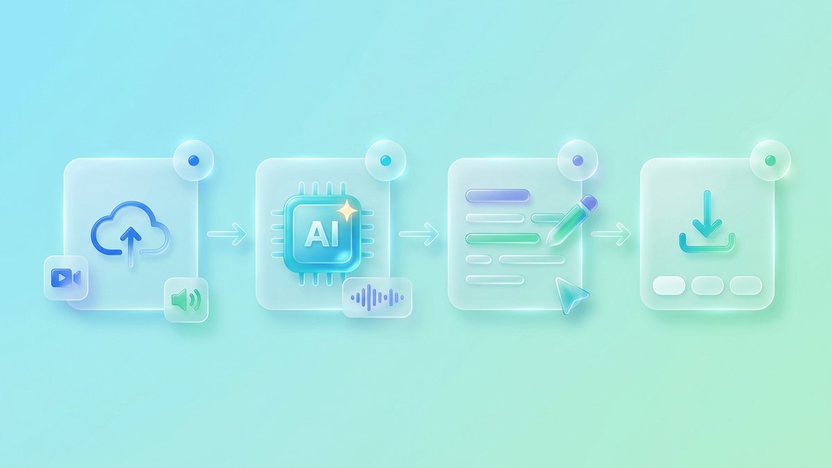 As quatro etapas pra transcrever: enviar o arquivo, a IA processar, editar o texto e baixar a legenda em SRT, VTT ou TXT